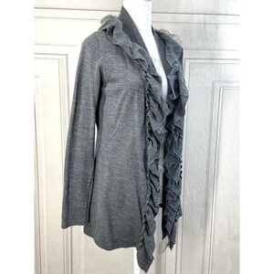 Avellini Cardigan Womens L Gray 100% Merino Wool Ruffle Front‎ Open Sweater